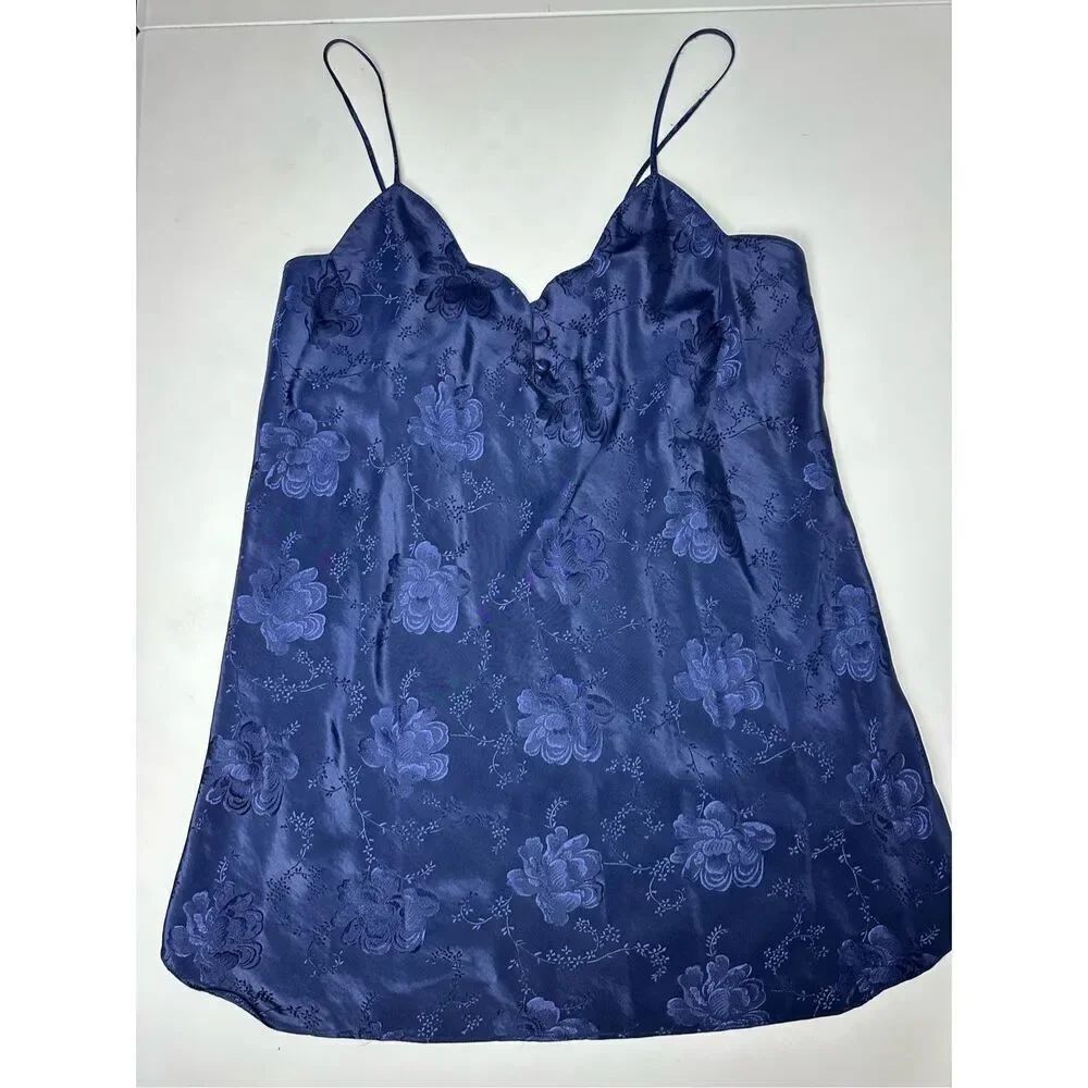 Morgan Taylor Women's Navy Blue Satin Chemise Gown Nightie Babydoll Sz L